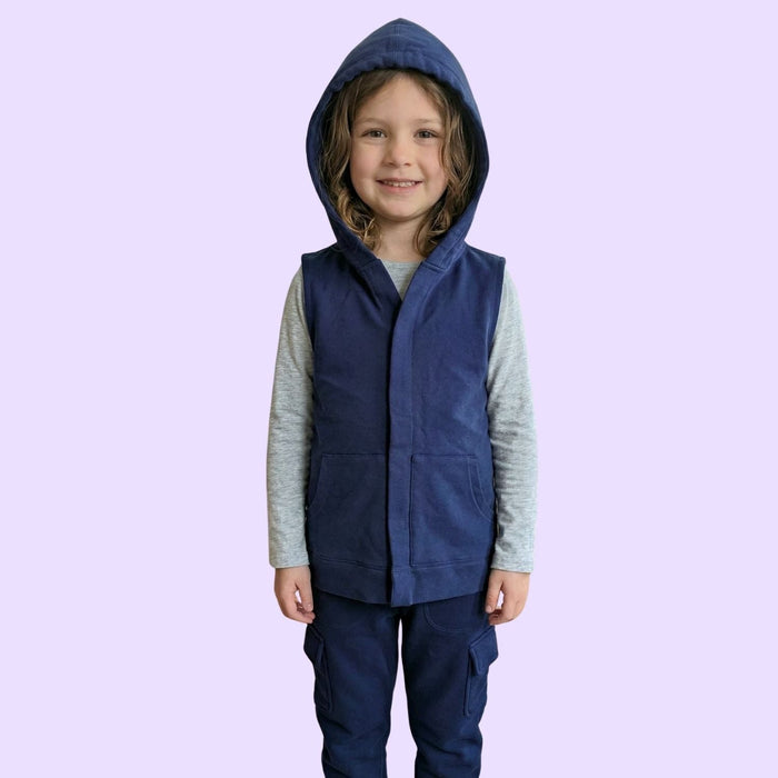 Sense-ational You QuietSense Sound Reducing Magnetic Closure Sensory Youth Vest, navy, front view with sound reducing hood