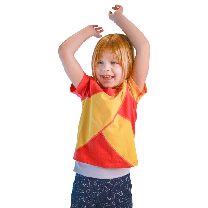 Child wearing a Side of Sense-ational You Compression Lined Coral/Yellow Youth T-Shirt with arms raised on a white background