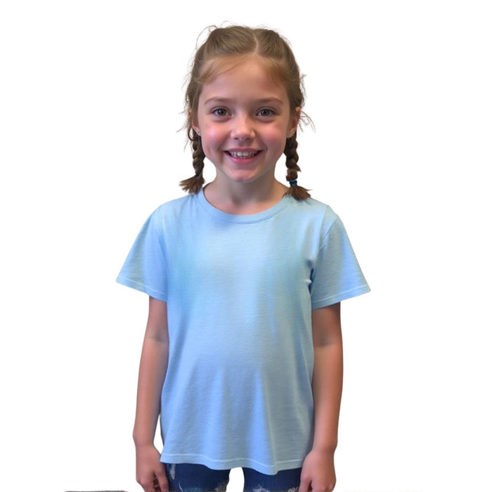 Child wearing a Side of Sense-ational You Compression Lined Light Blue Youth T-Shirt on a white background