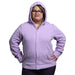 Person wearing a Sense-ational You QuietSense Sound Reducing Sensory Lilac Hoodie on a white background