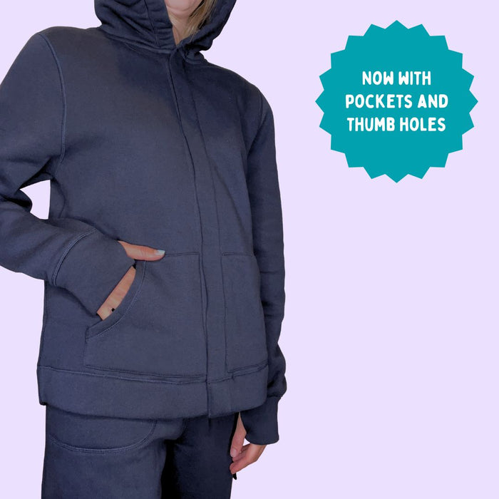 Person wearing a Sense-ational You QuietSense Sound Reducing Sensory Navy Hoodie with pockets and thumb holes