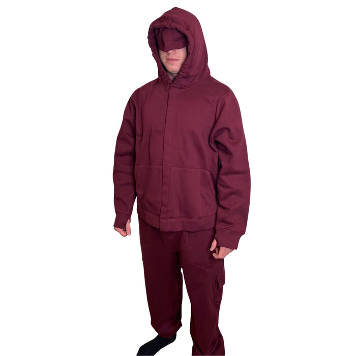 Person wearing a Sense-ational You QuietSense Sound Reducing Sensory Maroon Hoodie on a white background