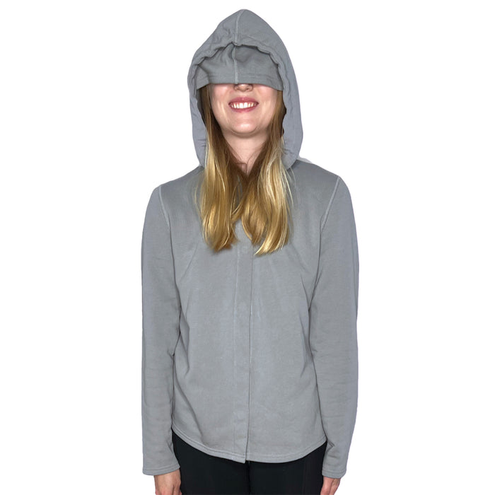 Person wearing a Sense-ational You QuietSense Sound Reducing Sensory Grey Hoodie on a white background