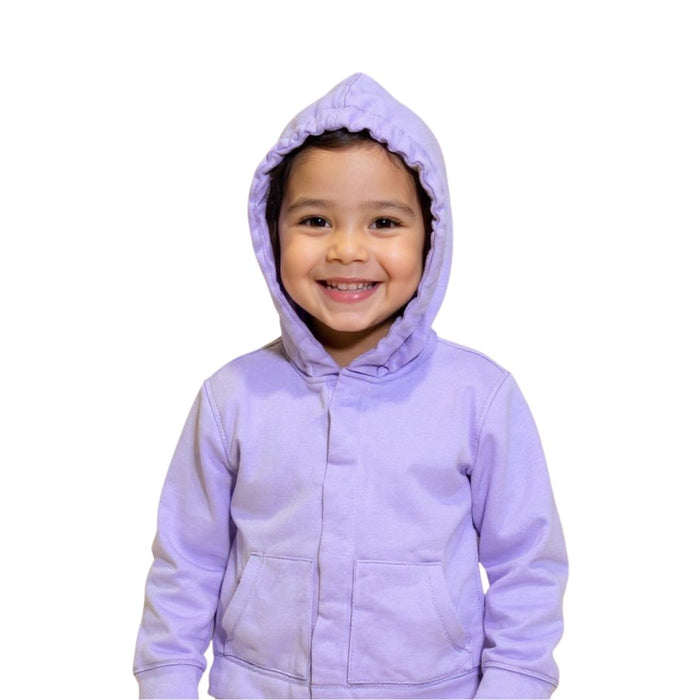 Child wearing a Sense-ational You QuietSense Sound Reducing Sensory Lilac Youth Hoodie on a white background