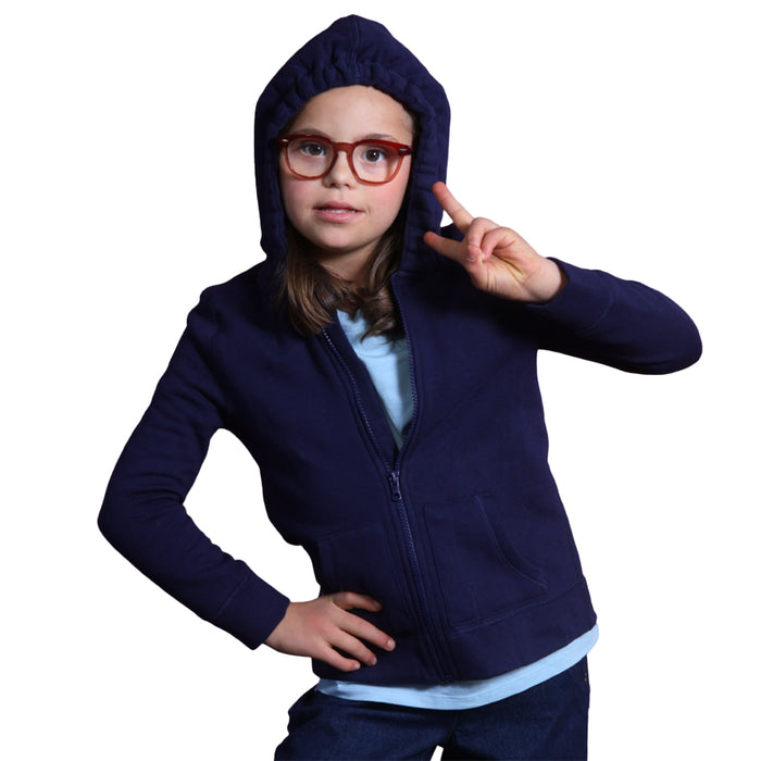 Child wearing a Sense-ational You QuietSense Sound Reducing Sensory Youth Zippered Hoodie on a white background