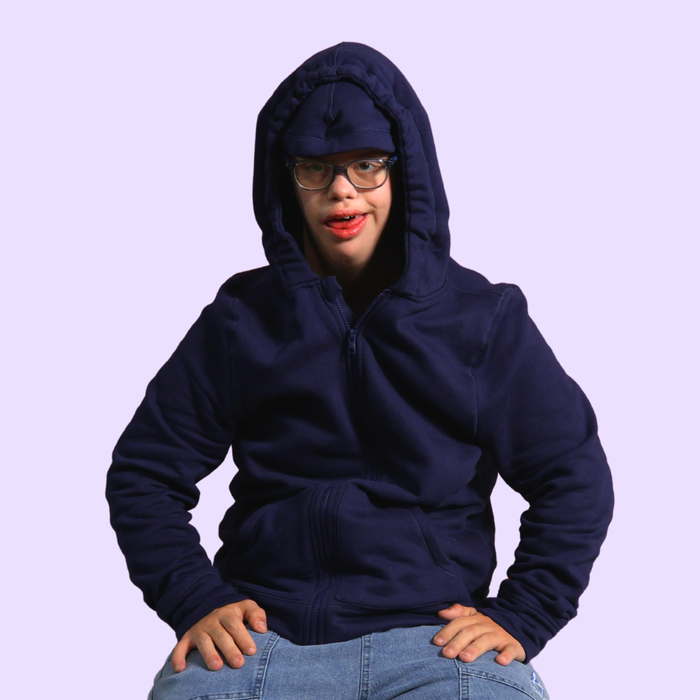 Person wearing a Sense-ational You QuietSense Sound Reducing Sensory Zippered Hoodie with the hood on