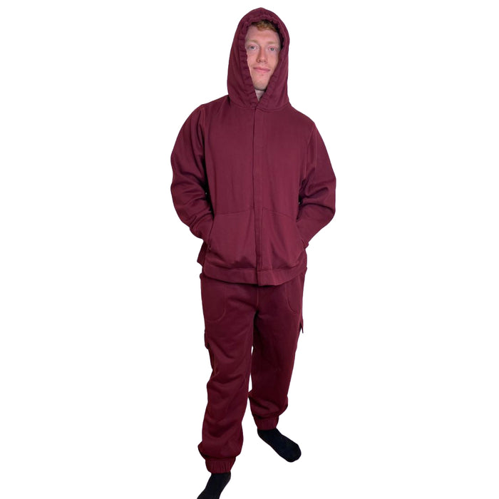 Person wearing a Sense-ational You Sensory Friendly Fidget Maroon Joggers on a white background