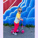 Child on a scooter in front of a colorful wall with blue and red design while wearing a Sense-ational You Sensory Friendly Fidget Youth Coral Joggers
