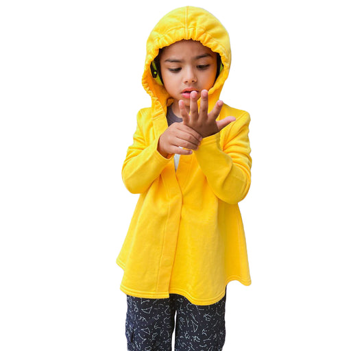 Child wearing a Sense-ational You Sensory Friendly Magnetic Closure Adaptive Youth Hoodie on a white background