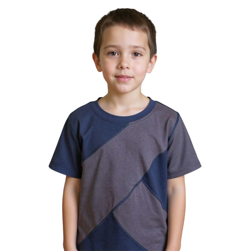 Child wearing a Sense-ational You Sensory Friendly Navy/Grey Youth T-Shirt on a white background