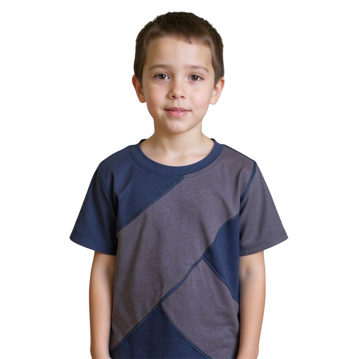 Child wearing a Sense-ational You Sensory Friendly Navy/Grey Youth T-Shirt on a white background