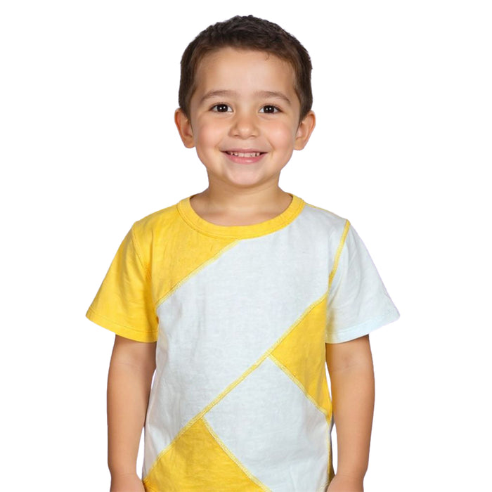Child wearing a Sense-ational You Sensory Friendly Yellow/Mint Youth T-Shirt on a white background
