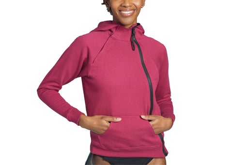 Front angle of a model wearing the Slick Chicks Adaptive Magnetic Zip-Up Hoodie in plum against a white background