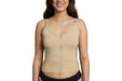 Front angle of a model wearing Slick Chicks Adaptive Two-Way Front Zip Cami in beige, against a plain white background