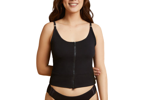 Front angle of a model wearing Slick Chicks Adaptive Two-Way Front Zip Cami in black, against a plain white background