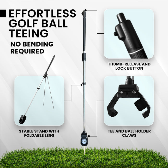 Tee Tender Adaptive Golf Ball Teeing Device. Text on image: Effortless golf ball teeing. No bending required. Thumb release and lock button. Stable stand with foldable legs. Tee and ball holder claws.