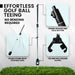 Tee Tender Adaptive Golf Ball Teeing Device. Text on image: Effortless golf ball teeing. No bending required. Thumb release and lock button. Stable stand with foldable legs. Tee and ball holder claws.