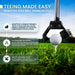 Tee Tender Adaptive Golf Ball Teeing Device. Text on image: Teeing made easy. Adaptive & senior friendly. Perfect for golfers with limited mobility, ensuring you stay in the game without physical strain. No bending required. Place your tee and ball effortlessly with our upright design and thumb release mechanism. Multi-use golf tool. Tee placement ball retrieval and tee pickup. Easily fits in golf bag.