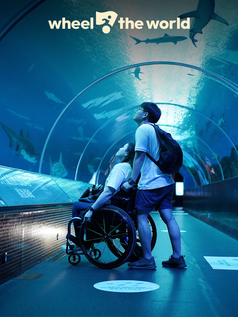 Two people, one in a wheelchair, exploring an aquarium tunnel.