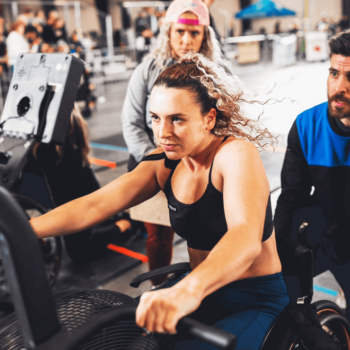 Equip Products Rogue® Echo Bike Monitor Flip Interface in use by an athlete in a competition.