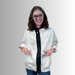 Person wearing a white zip up hoodie with ZipperBuddy MagZip Magnetic Zipper No-Sew Jacket Closure Attachment on a grey background