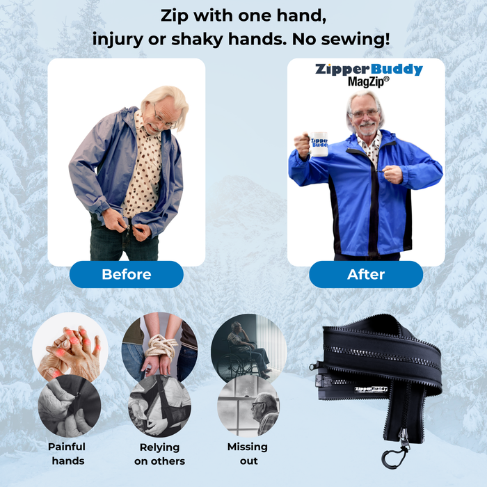 Before and after scenarios with the ZipperBuddy MagZip. Zip with one hand, injury or shaky hands. No sewing!