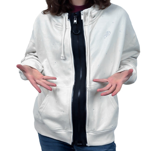 ZipperBuddy MagZip Magnetic Zipper No-Sew Jacket Closure Attachment being modeled on a white zip-up hoodie on a white background