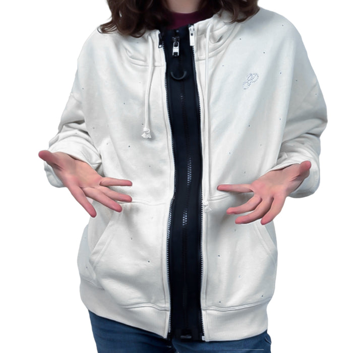 ZipperBuddy MagZip Magnetic Zipper No-Sew Jacket Closure Attachment being modeled on a white zip-up hoodie on a white background