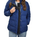 Detail of a person wearing a blue puffer jacket with the ZipperBuddy No-Sew Hook & Loop Jacket Closure Attachment on a white background