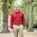 MagnaReady Adaptive Rio Red Magnetic Front Long Sleeve Cooling Shirt with Pocket - worn by man with adaptive needs