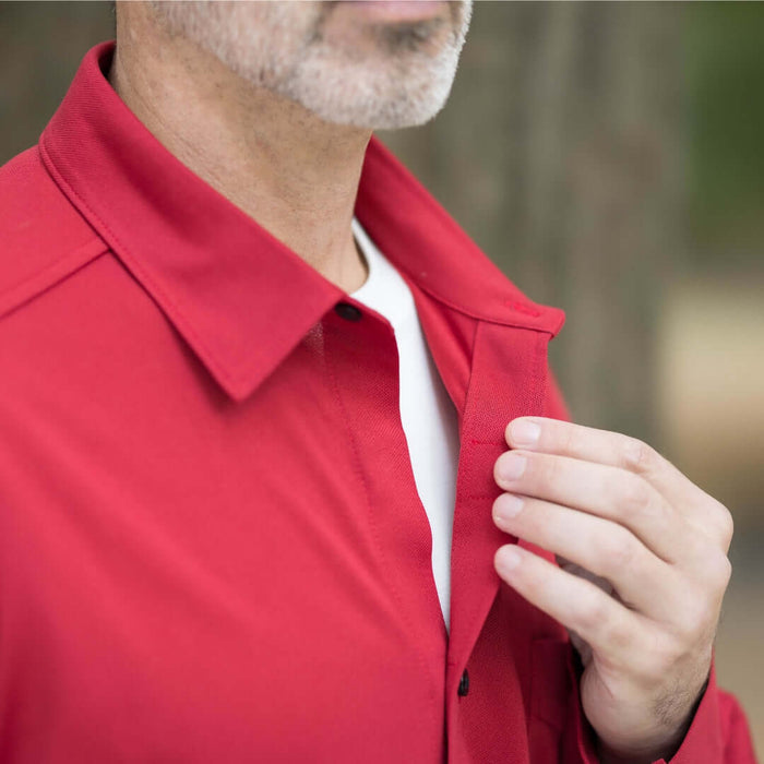MagnaReady Adaptive Rio Red Magnetic Front Long Sleeve Cooling Shirt with Pocket - worn by man with adaptive needs