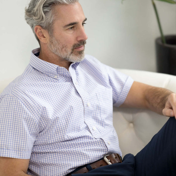 MagnaReady Short Sleeve Red White and Blue Button Down Collar Shirt with Magnetic Closures - worn by man with adaptive needs