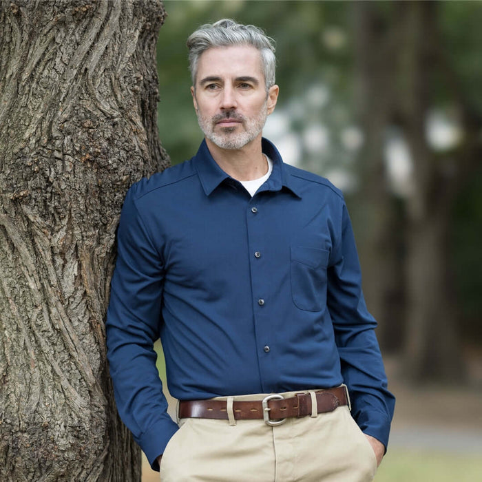 MagnaReady Adaptive True Navy Magnetic Front Long Sleeve Cooling Shirt with Pocket - front view