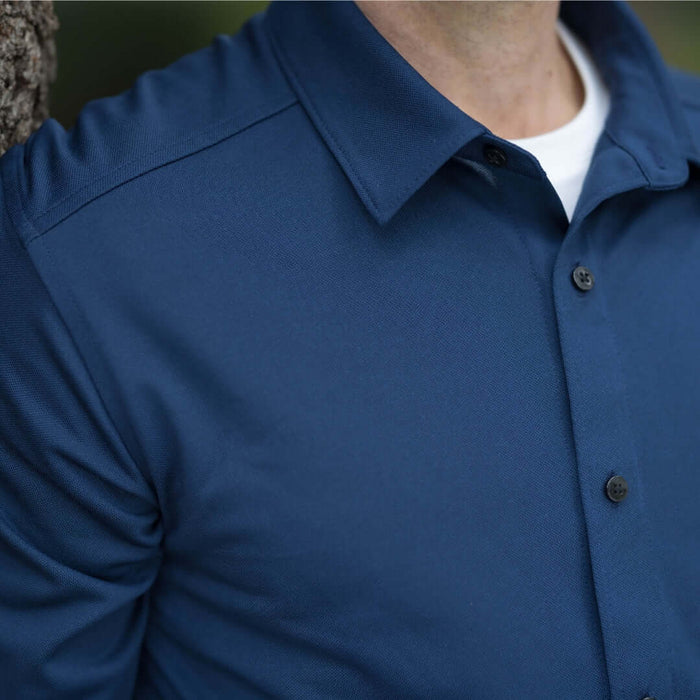 MagnaReady Adaptive True Navy Magnetic Front Long Sleeve Cooling Shirt with Pocket - worn by man with adaptive needs