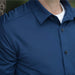 MagnaReady Adaptive True Navy Magnetic Front Long Sleeve Cooling Shirt with Pocket - worn by man with adaptive needs