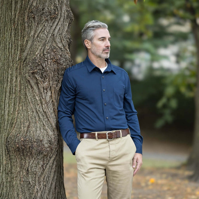 MagnaReady Adaptive True Navy Magnetic Front Long Sleeve Cooling Shirt with Pocket - worn by man with adaptive needs