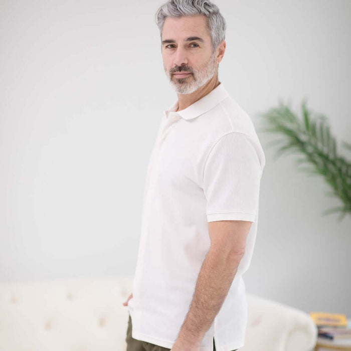 MagnaReady White Pique Knit Short Sleeve Polo with Magnetic Closures - front view