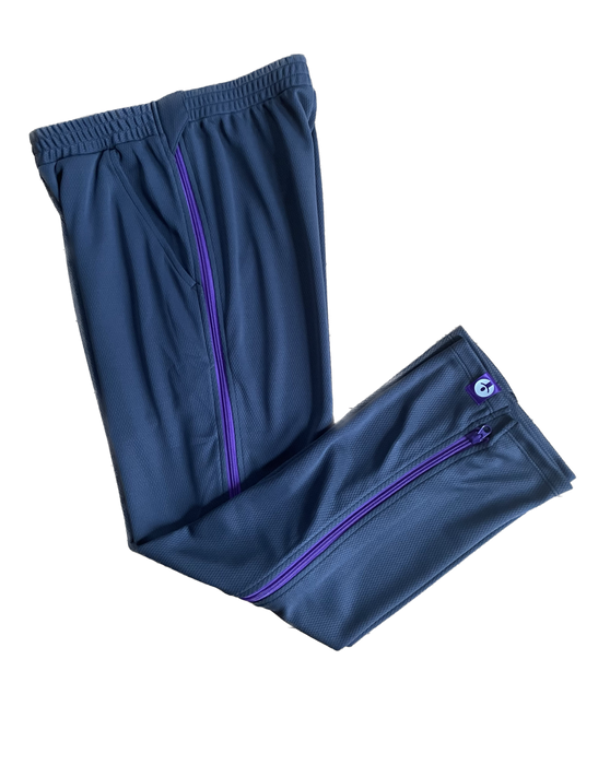 befree zipOns Adult Heavyweight Adaptive Charcoal Pants with Purple Zipper on a white background
