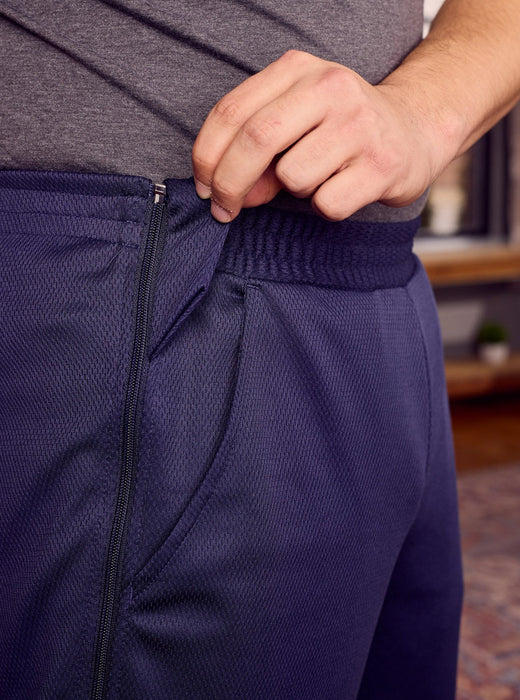 Detail of side zipped on the befree zipOns Adult Heavyweight Adaptive Pants worn on model on a white background