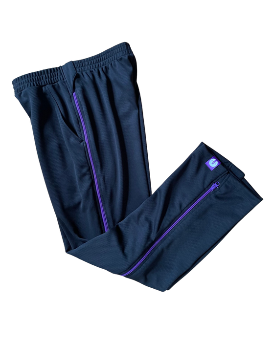 befree zipOns Adult Heavyweight Adaptive Navy Pants with Purple Zipper on a white background