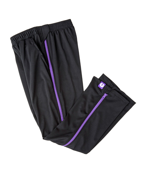 befree zipOns Adult Lightweight Adaptive Black Pants with Purple Zipper on a white background