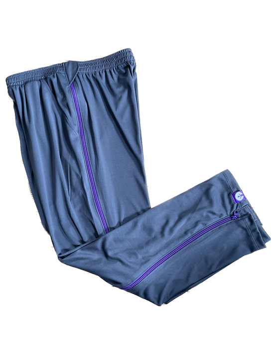 befree zipOns Adult Lightweight Adaptive Charcoal Pants with Purple Zipper on a white background