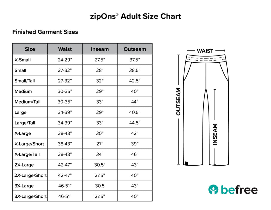 befree zipOns Adult Lightweight Adaptive Pants Size Guide