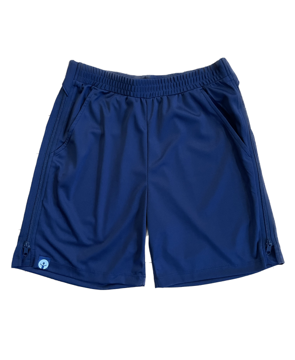 befree zipOns Adult Lightweight Adaptive Navy Shorts with Navy Zipper on a white background