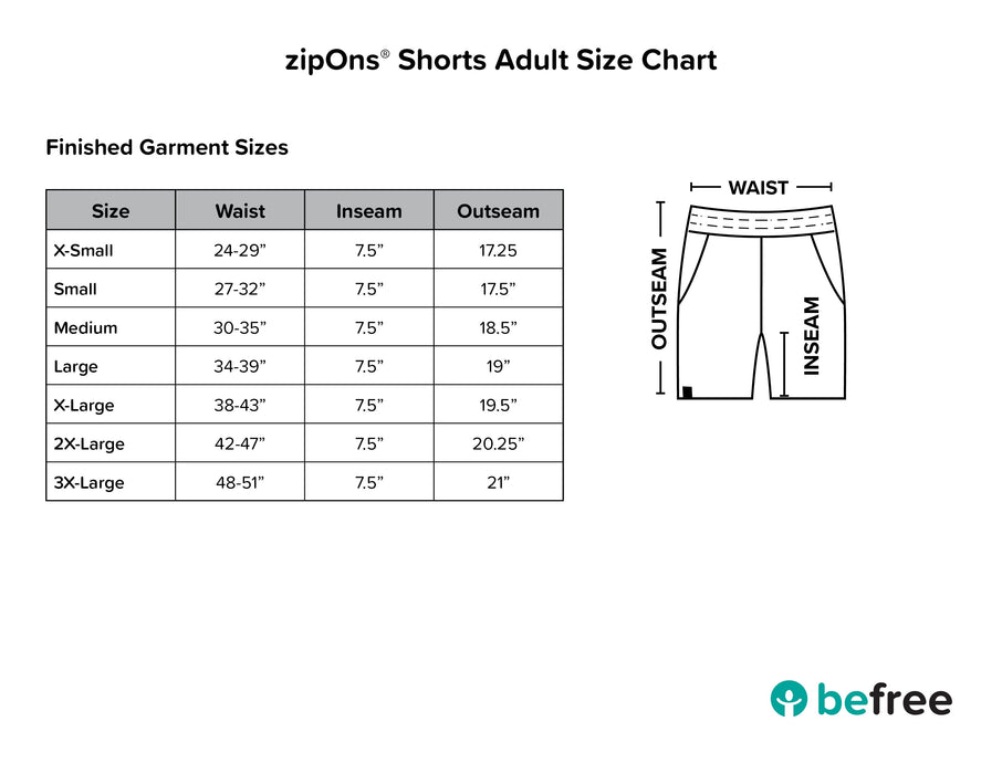 befree zipOns Adult Lightweight Adaptive Shorts Size Guide
