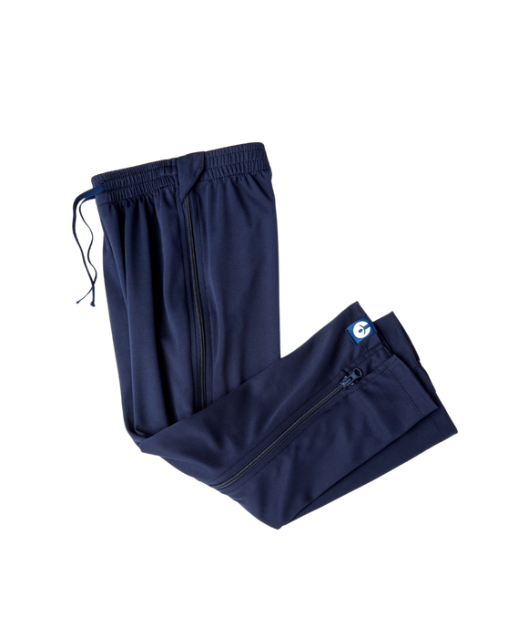 befree zipOns Youth Heavyweight Adaptive Navy Pants with Navy Zipper on a white background