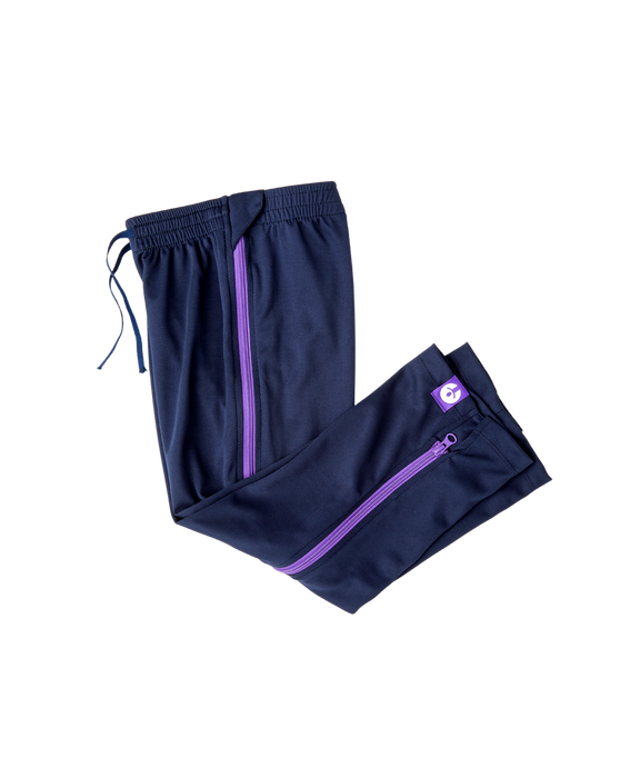 befree zipOns Youth Heavyweight Adaptive Navy Pants with Purple Zipper on a white background