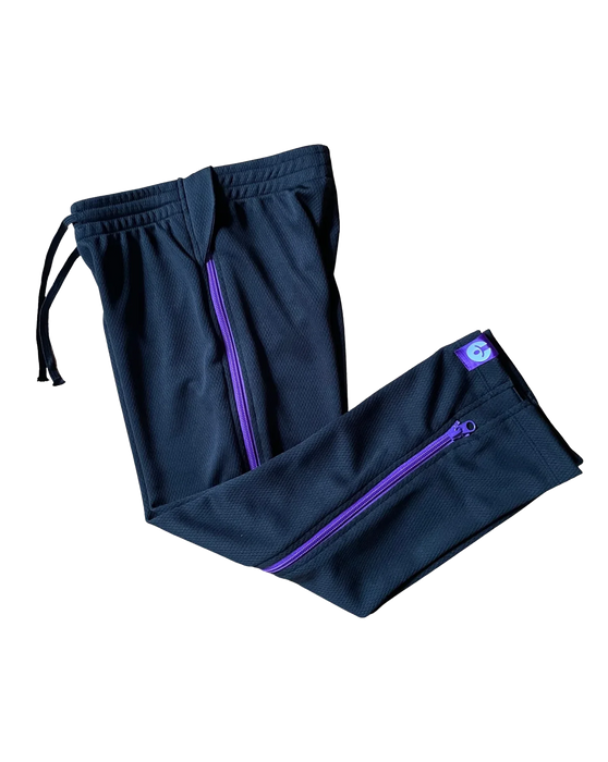 befree zipOns Youth Heavyweight Adaptive Black Pants with Purple Zipper on a white background