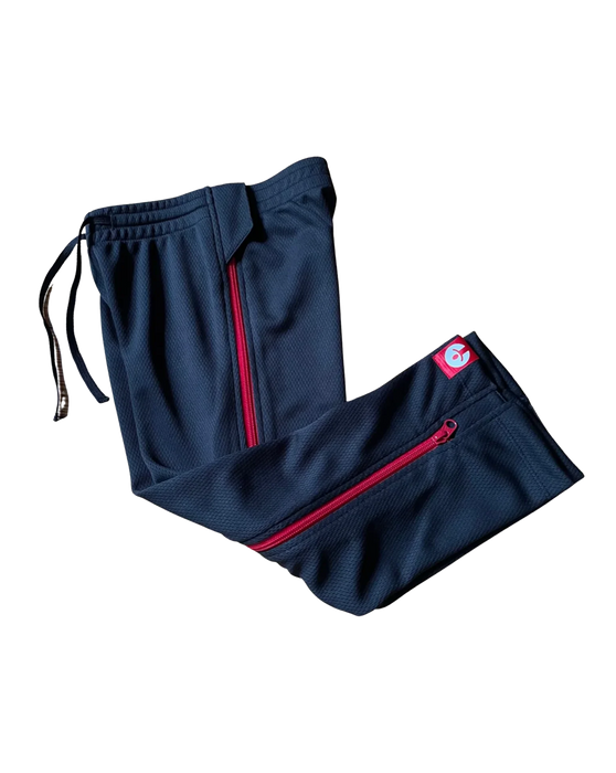 befree zipOns Youth Heavyweight Adaptive Black Pants with Red Zipper on a white background
