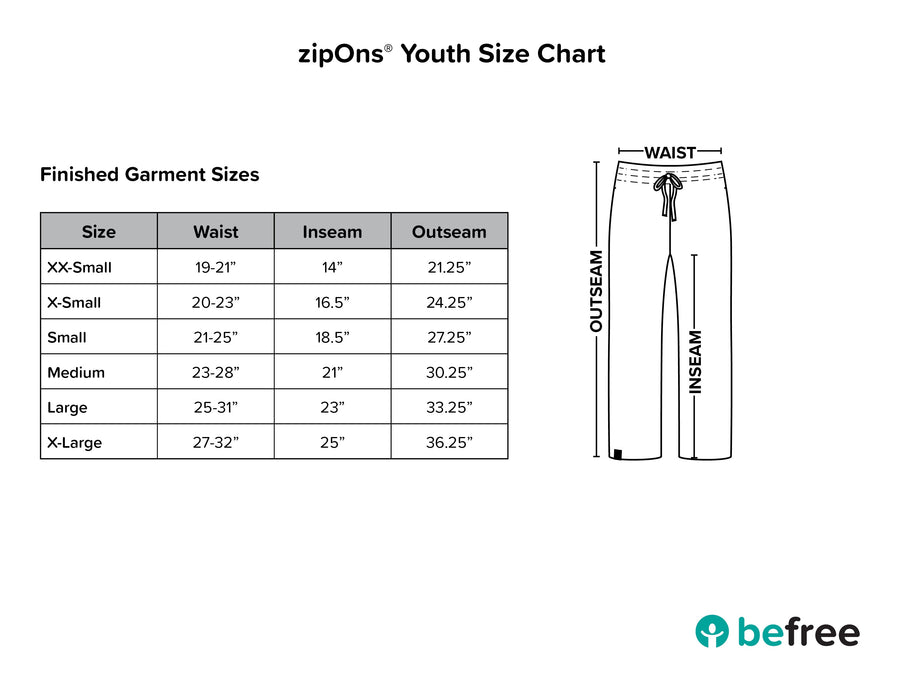 befree zipOns Youth Heavyweight Adaptive Pants Size Guide